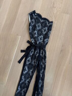 Alexis Black Lace Jumpsuit w/ Ribbon Waist lined XS